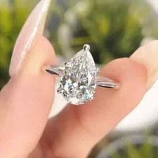 3Ct Pear-Cut VVS1 Moissanite Solitaire Engagement Ring 14K White Gold Plated