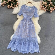 Women Floral Lace Dress Midi Ruffle Zip Short Sleeve Summer Elegant Fairy Party