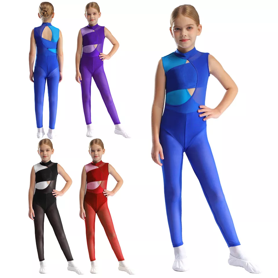 Kids Girls Romper Activewear Bodysuit Color Block Jumpsuit Mock Neck Catsuit - Image 2 of 3