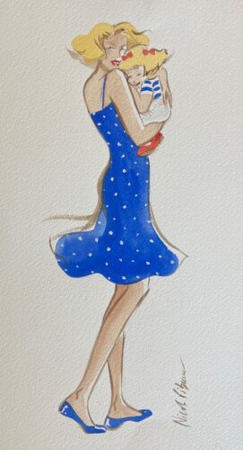 Fashion Nicole Pibeaut Watercolour Illustrator Woman And Child To 1980 France - Picture 1 of 4