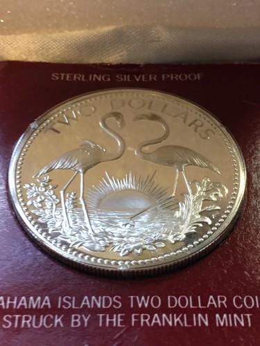 1974 BAHAMAS .925 SILVER LARGE PROOF 2 DOLLARS FLAMINGOS KM#66a. - Picture 2 of 5