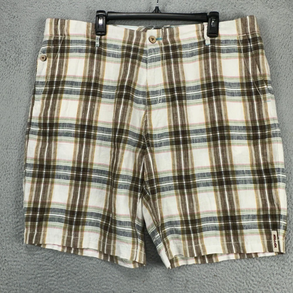 Tommy Bahama Relax Linen Shorts Mens 40 Tan Grey Plaid Casual Flat Front Pockets