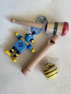 Cup & Ball, ROBOT, Schiebepfeife, Yo-Yo, 4 ARTIKEL, GANZ AUS HOLZ, traditioneller Spaß