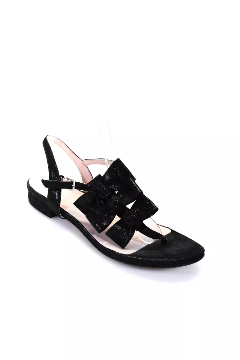 Taryn Rose Womens Shiny Bow Accent T Strap Low Heeled Sandals Black Size 9.5