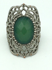 Vintage Boho Open Work Silver Tone Faceted Green Plastic Rhinestone Stretch Ring