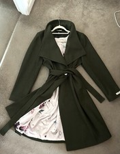 Ted baker Coat wool blend long coat size 4 Trench Coat Khaki Olive Green Uk 14