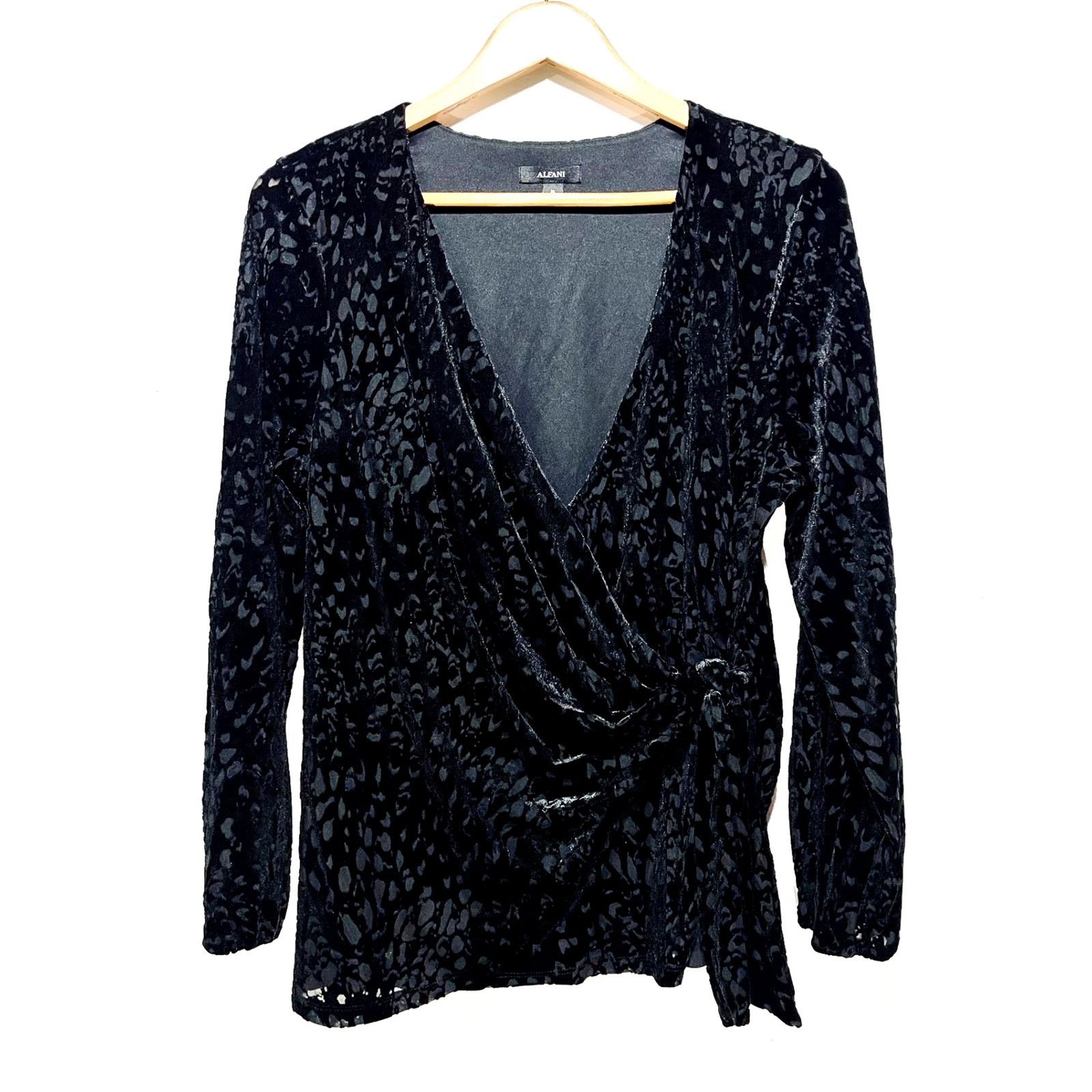 Alfani velvet wrapped blouse burnout black grunge animal print festive women XL