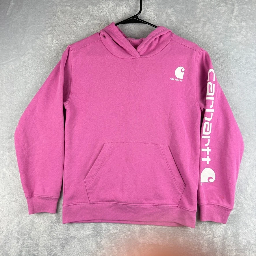 Carhartt Hoodie Girls Large Pink Hooded Sweatshirt Workwear Pullover Spellout - Image 2 of 4