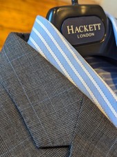 Hackett London POW Glen Check Blazer Jacket Size 42L Grey Blue Plaid Luxury