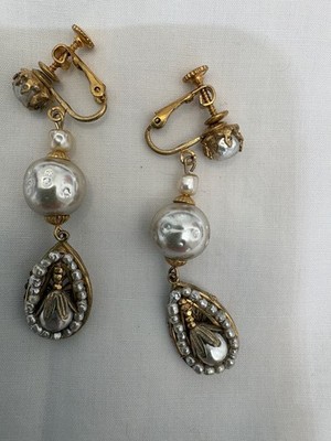 Miriam Haskell Baroque Faux Pearl Drop Earrings Clip - Signed  - DIVINE DESIGN 