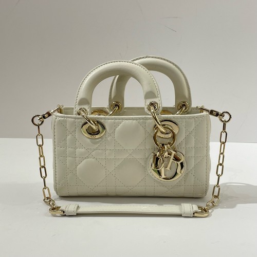Dior Lady D-Joy Mini White Cannage Lambskin Light Gold Charm Crossbody