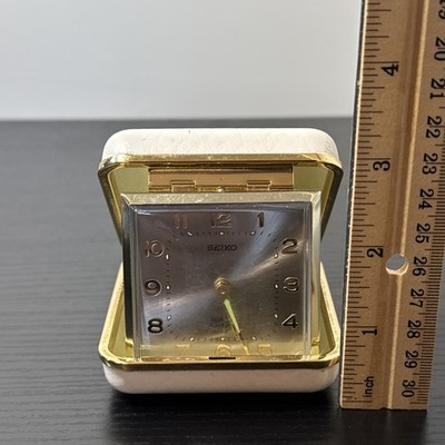 Vintage 1960's Seiko Japan Folding Travel Alarm Clock Tan & Gold