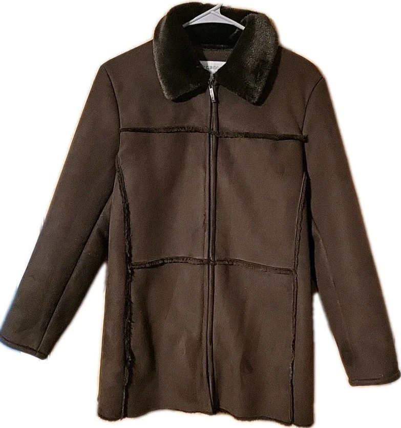 Chaqueta Liz Claiborne Mujer Pequeña Marrón Imitación Gamuza y Forro de Piel Abrigo