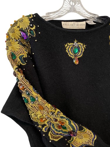 Vintage Lillie Rubin S Womens Bejeweled Black LS Sweater Lambswool Angora HK - Picture 6 of 13