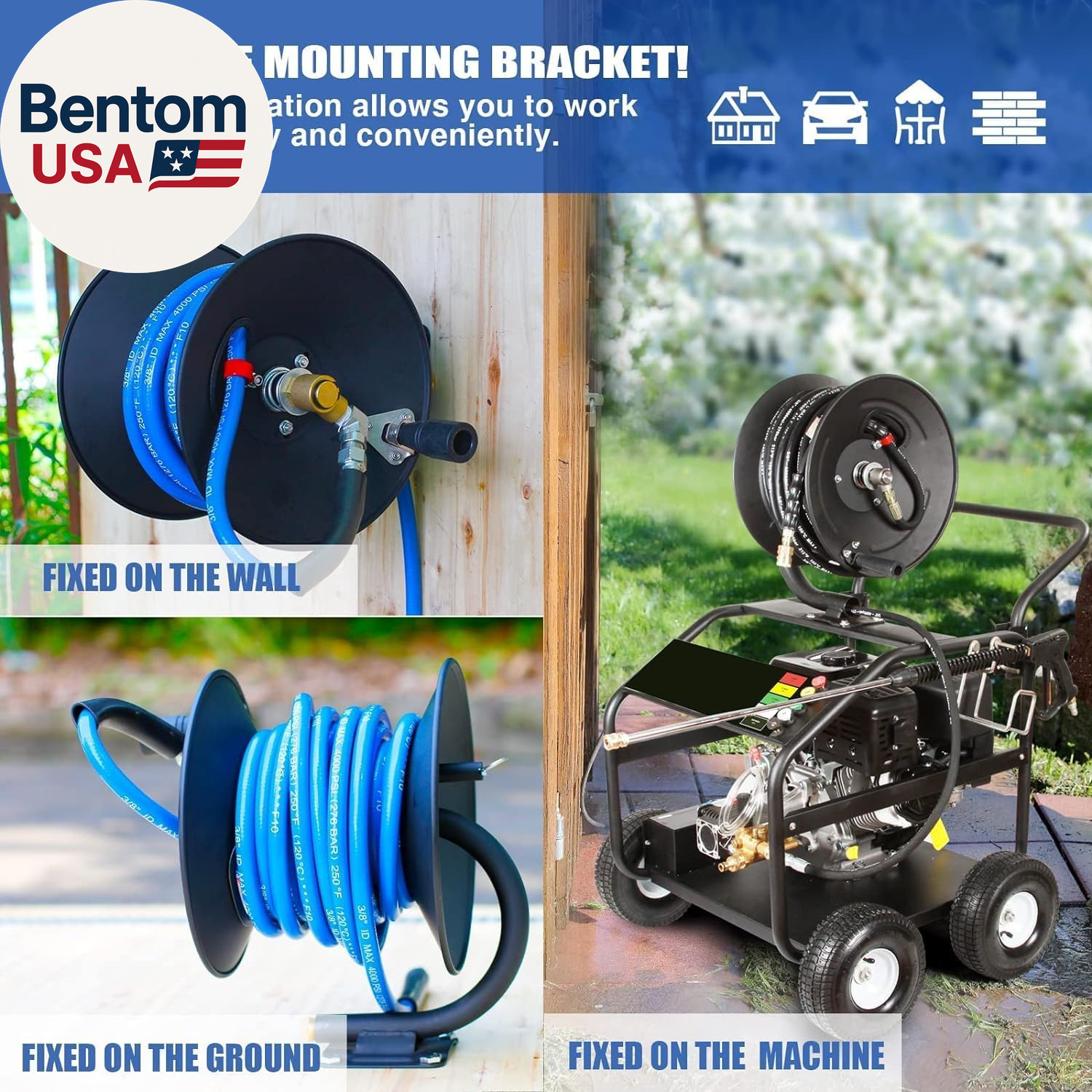 Pressure Washer Hose Reel 50Ftx3/8” / 65Ftx1/4”, 4000PSI Heavy Duty Power Washer