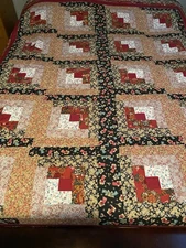 Amish Handmade Log Cabin Block Quilt Farmhouse Angels Sunflowers Floral 86x72