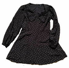 Lulus Black & White Polka Dot Long Sleeve Ruffle Zip Dress, Women's Large