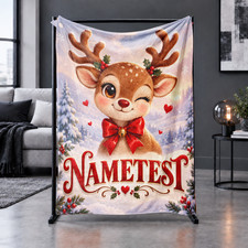 Reindeer Holly Red Bow Snowy Winter Coral Fleece Blanket