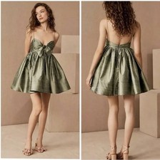 Anthropologie By Watters bow pixie silk mini Babydoll dress In Sage Green