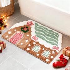 Christmas Bathroom Rug Absorbent Pastel Gingerbread House Tufted Bath Mat Non Sl