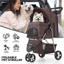 Brown Foldable Dog Stroller Pet Cage Carrier Cart w/Adjustable Canopy+Cup Holder