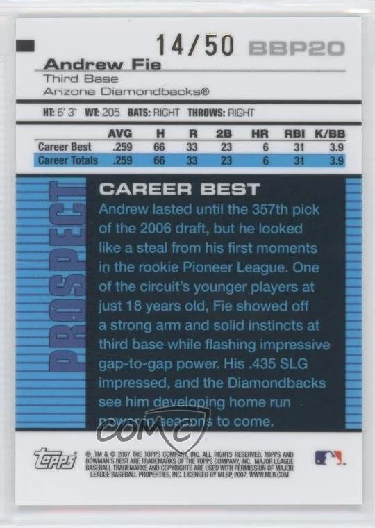 2007 Bowman's Best Prospects Gold /50 Andrew Fie #BBP20 - Image 2 of 2