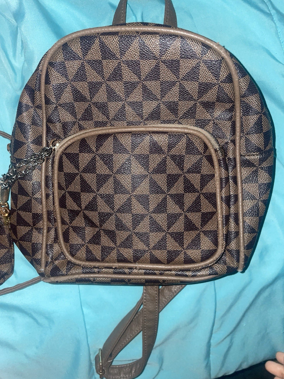 Brown Tan Geometric Pattern Matte Backpack with S… - image 1