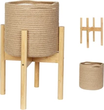 Plant Basket with Stand, Indoor round Wicker Basket Plante with Bamboo Wood Stan