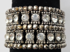 Silver tone Multilayered Stretch Cuff Bracelet Clear Rhinestones