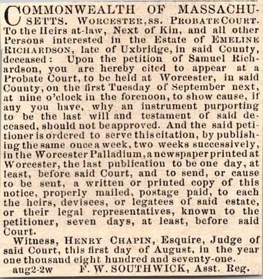 Commonwealth of Massachusetts E. Richardson 1871 Worcester MA Clipping TAJ8-S62