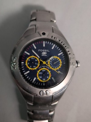 Fossil Blue BQ-9096 Silver Round Mens Watch WR 100M Rotating Bezel - New Battery