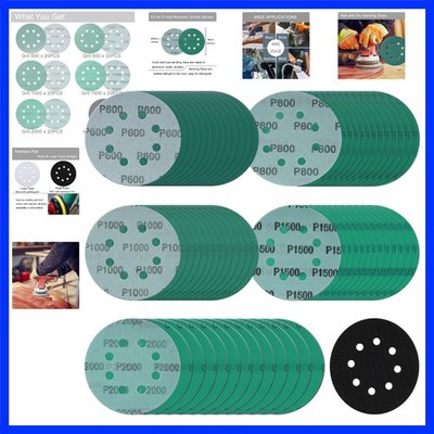 5 Inch 8 Hole Sanding Discs, 100 Pcs Wer Dry Sanding Disc Set 600 800 1000 15...