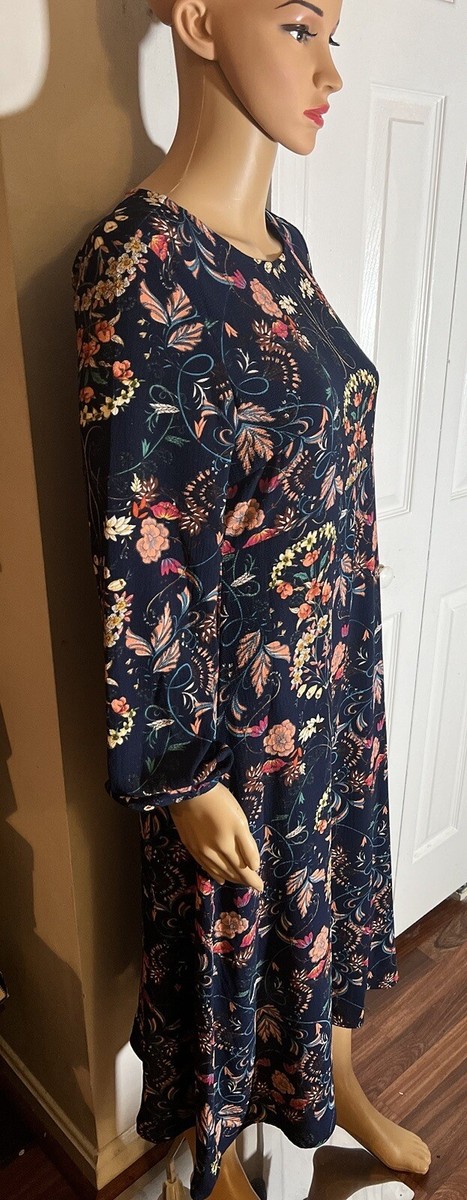 garden splendor navy blue floral print dress Floral Print Navy Blue Floral Dresses Garden Splendor Navy Blue Floral Print Long Sleeve Midi Dress
