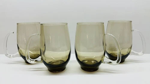 Vintage set Of 4 Libbey Tawny Smoke Brown W/Clear Handles 16 Oz Glass Beer Mugs