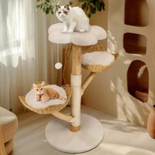 Modern Cat Climbing Tree Solid Wood Cat Tree Activity Tower with Wicker Basket