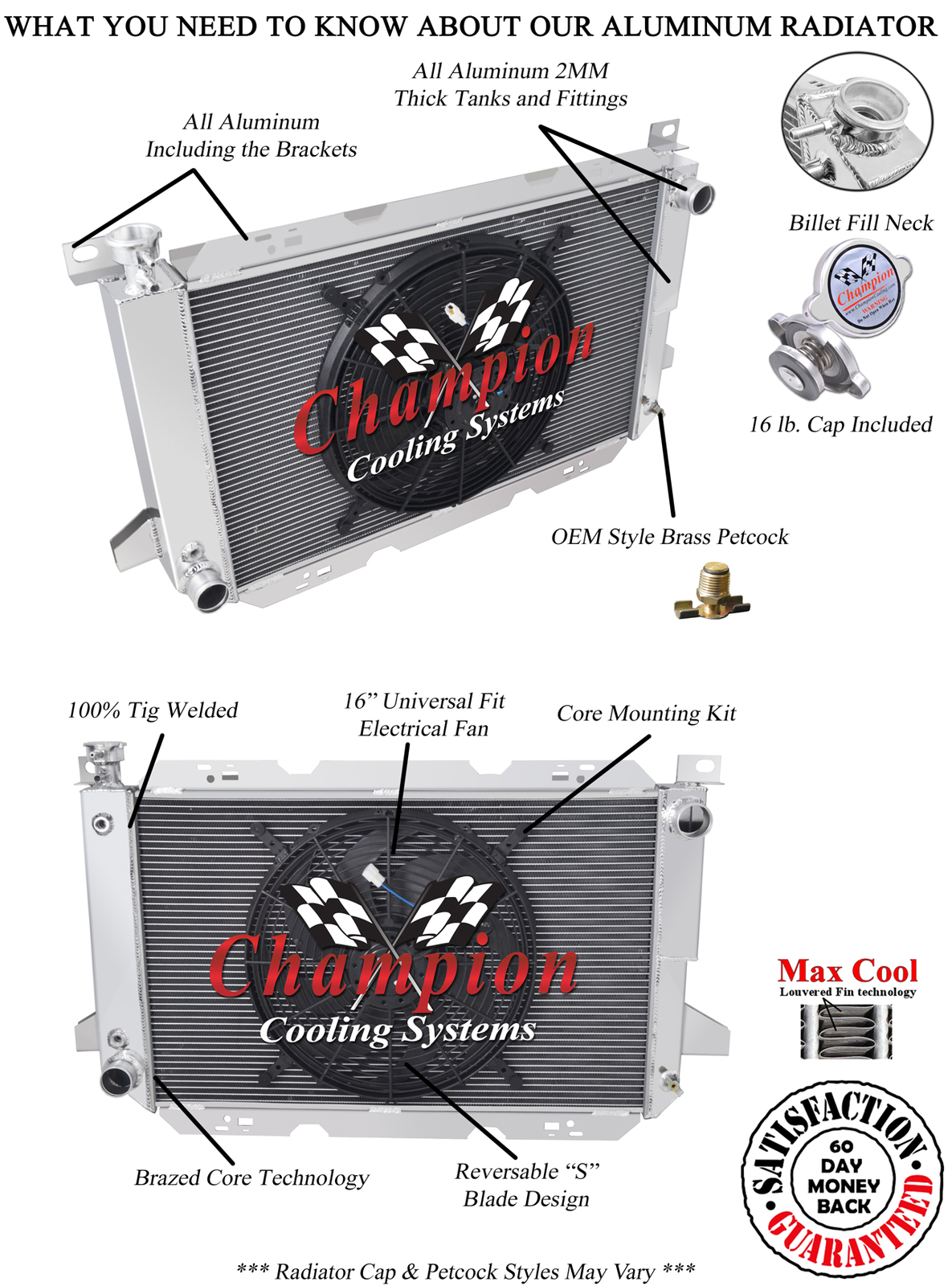 ER Champion 2 Row Radiator W/ 16" Fan for 1985 - 1997 Ford F-Series V8 Engine
