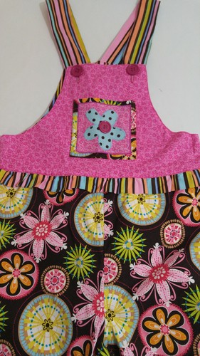 Boutique Girls Overalls Size XL Bright Pink Brown Floral Stripes Applique - Picture 5 of 12