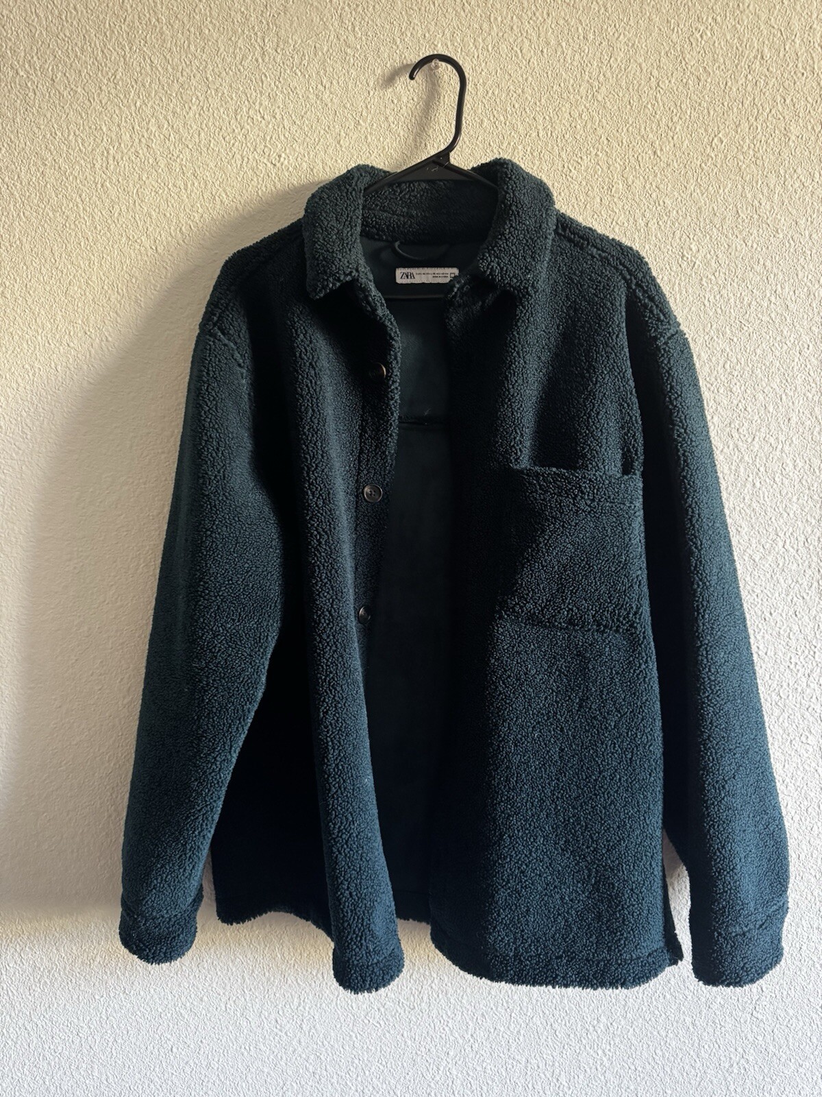 Zara Men's Cozy Sherpa Collared Shacket Overshirt Buttoned Dark Green Size L/XL