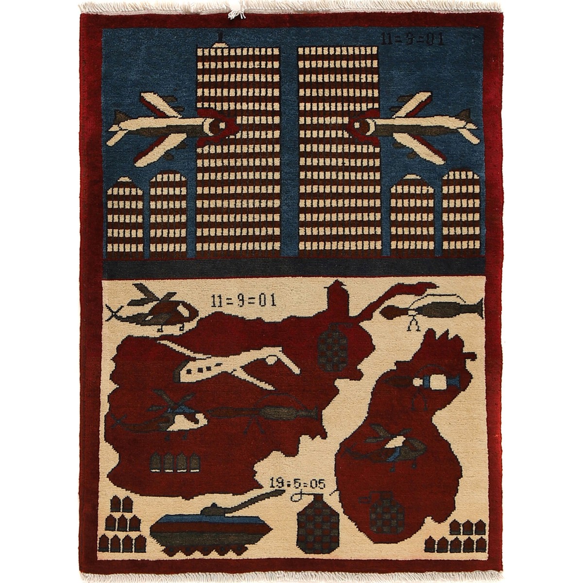 Tapis Afghan Noué Main – Guerre Historique 11 Septembre, Laine, 3x2 Pieds, Beige, Neuf