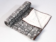 Indian Brown Floral Hand Block Stitching Blanket Cotton Reversible Baby Quilted