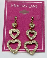 Holiday Lane by Macy's Gold Tone Crystal Triple Heart Drop Earrings, NWT