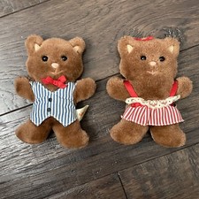 Vtg RUSS BERRIE MR. MRS GINGERBREAD Kitty Cat 5 Plush Red White Striped Dress