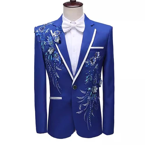 Men Sequin Flower Rhinestone Coat Slim Fit Jacket Suit Blazer Wedding Party Top - Picture 11 of 15