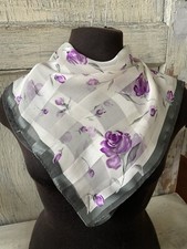 White Alternating Stripes  Purple Flower Semi-Sheer 100 Silk Square Scarf