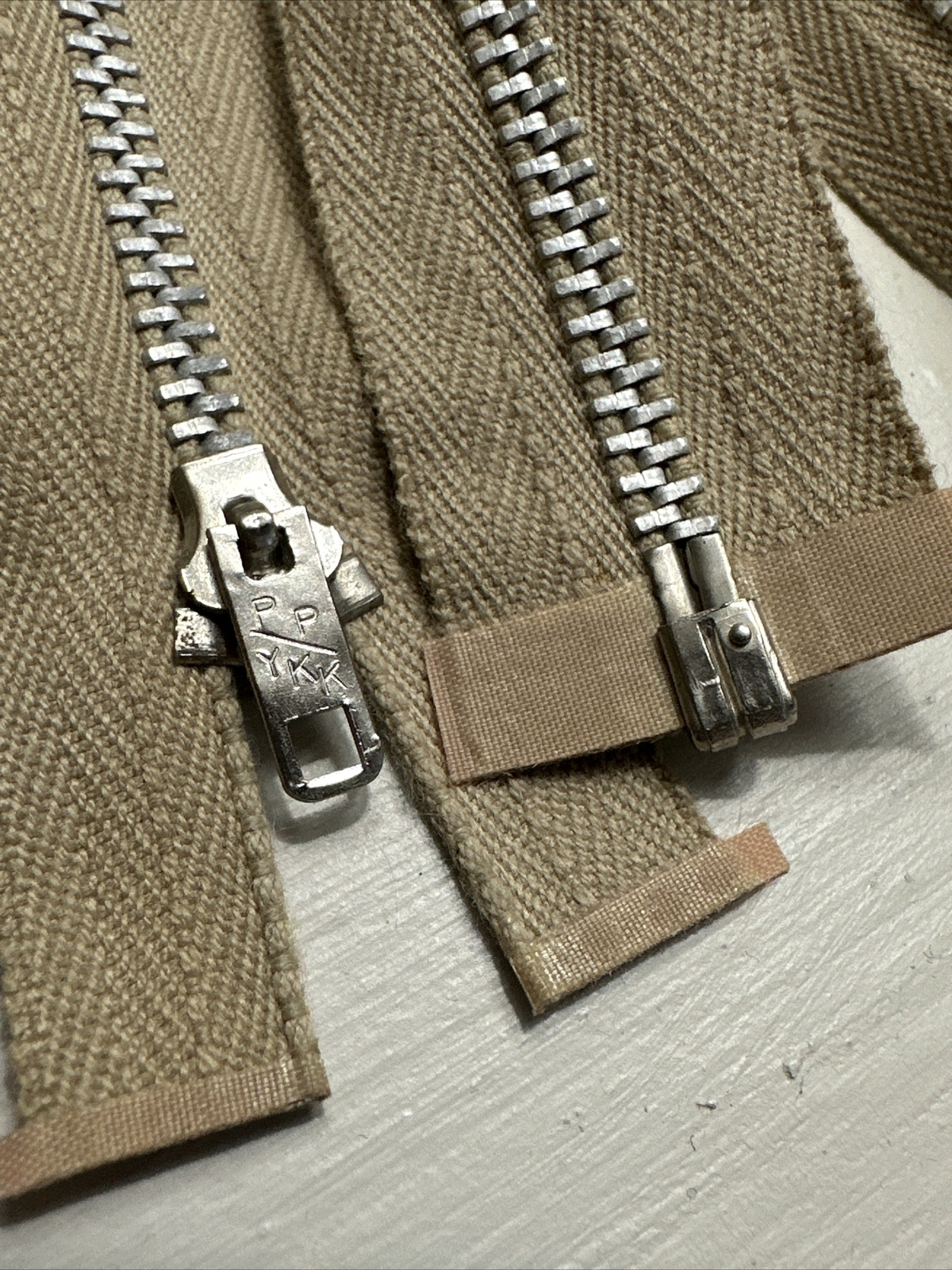 10 YKK 56” Vintage zippers NOS color 573 Tan Metal Japan Pull