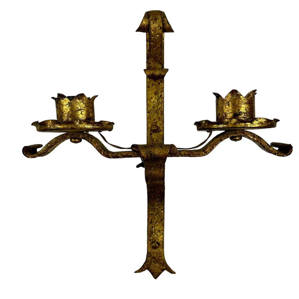 2 PC - Spanish Revival Hammered Double Wall Sconce Light Gold 14 X 16 - PAIR - Image 2 of 4