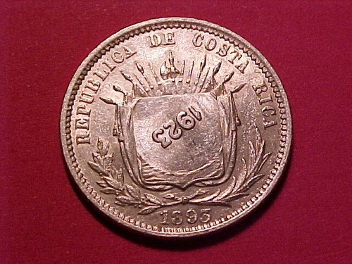 COSTA RICA 50 CENTIMOS SILVER 1923 COUNTERSTAMP ON 1893 25 CENTAVOS CH AU/UNC