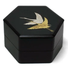Lacquerware Two-Tier Turtle Shell Box with Crane Design by S. Fujii & T.Yamamoto