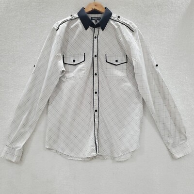 Express Mens Large (16-16 1/2) White Check Long Sleeve Button Up Shirt Roll Tab