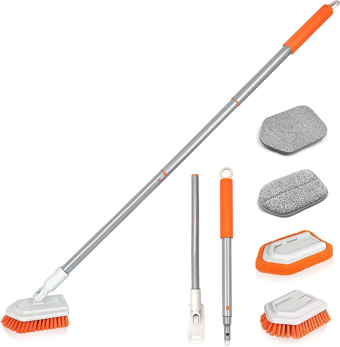 Weibbin 4 In 1 Shower Scrubber Cleaning Brush, Tub And Tile Scrubber Long Handle Grout Brush Stiff Bristles Scrub Sponge Brushes Microfiber Pad Toilet Bathro